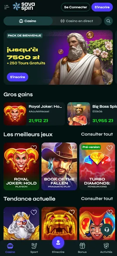 image de la page mobile de Savaspin Casino